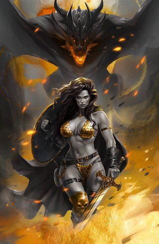 Red Sonja walking in flames with dragon behind her.