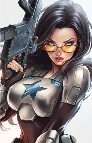 Comic-style illustration of a the Baroness superhero holding a weapon.