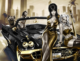 Elvira and Harley Quinn in gold and black outfits sitting on a black car with gold accents, set against a cityscape background.