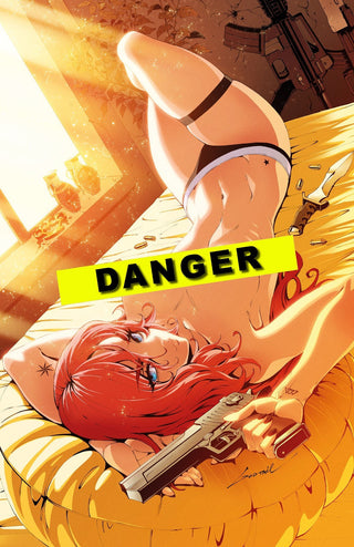 Illustration of a person in a bikini with weapons and 'DANGER' sign, set against a fiery background.