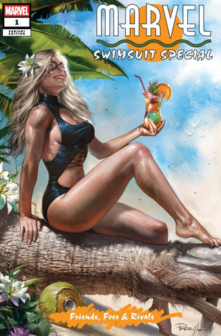 Black Cat looking hot as all get out in a one piece black swimsuit on a tropical beach with a cocktail.