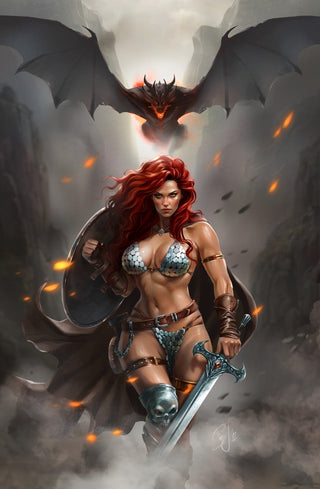 Fierce warrior with red hair and armor, wielding a sword, with a dragon in the background.