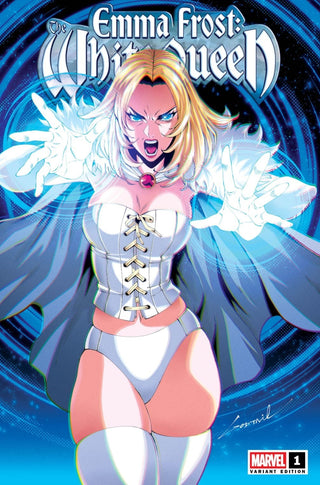 A menacing, yet beautiful looking Emma Frost as the White Queen with a blue and black background.