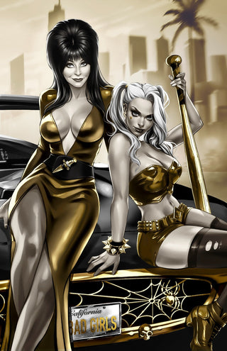 Elvira and Harley Quinn both dressed in gold and black outfits sitting on a car with a cityscape background.
