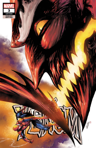 Red Goblin looking menacingly at a near helpless Spider-Man who is standing upside down on the end of Red Goblin's tail.