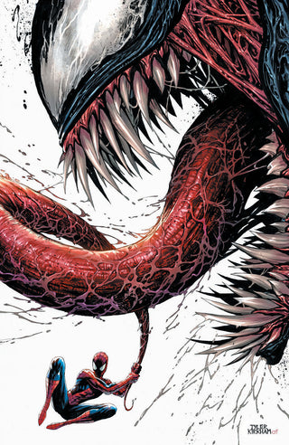 Venom headshot from the side with Spider-Man holding on to the tip of Venom's long, extended tongue!